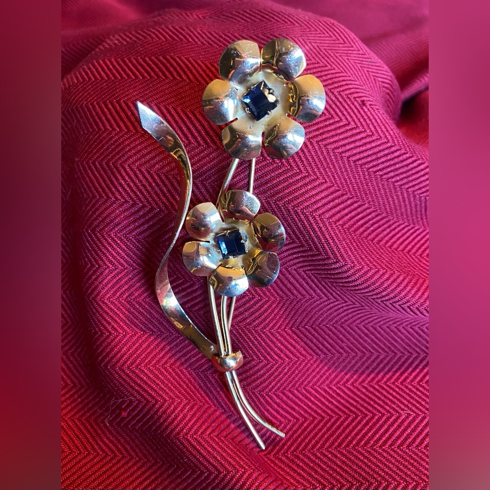 Vintage CORO Gold Tone Blue Stone Brooch